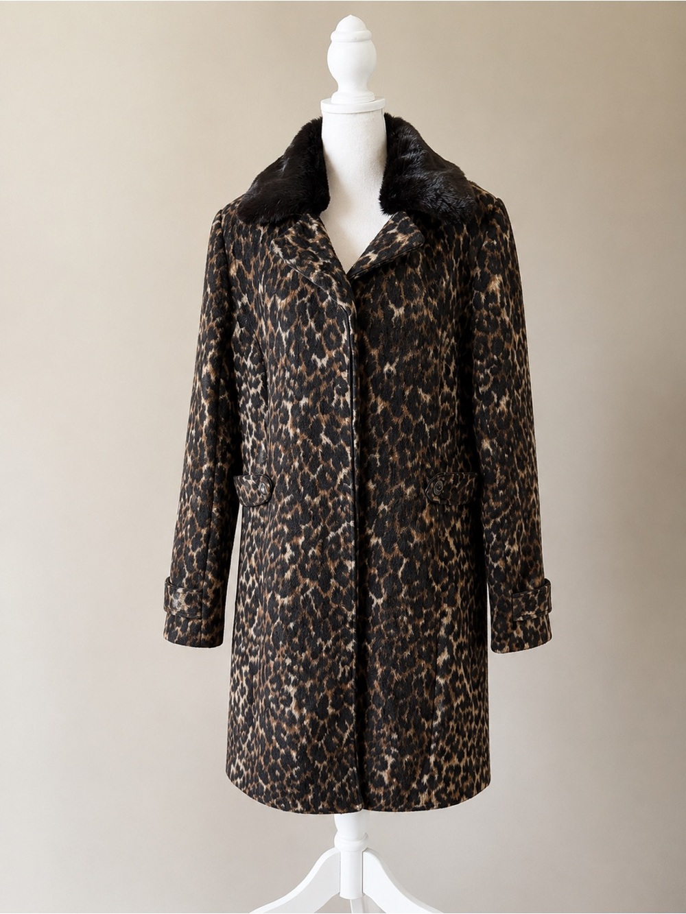 Merona Leopard Print Coat Faux Fur Collar Wool Blend Long Coat XL